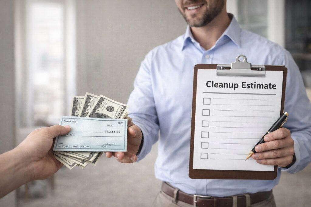 Cleanup estimate man holding money clipboard
