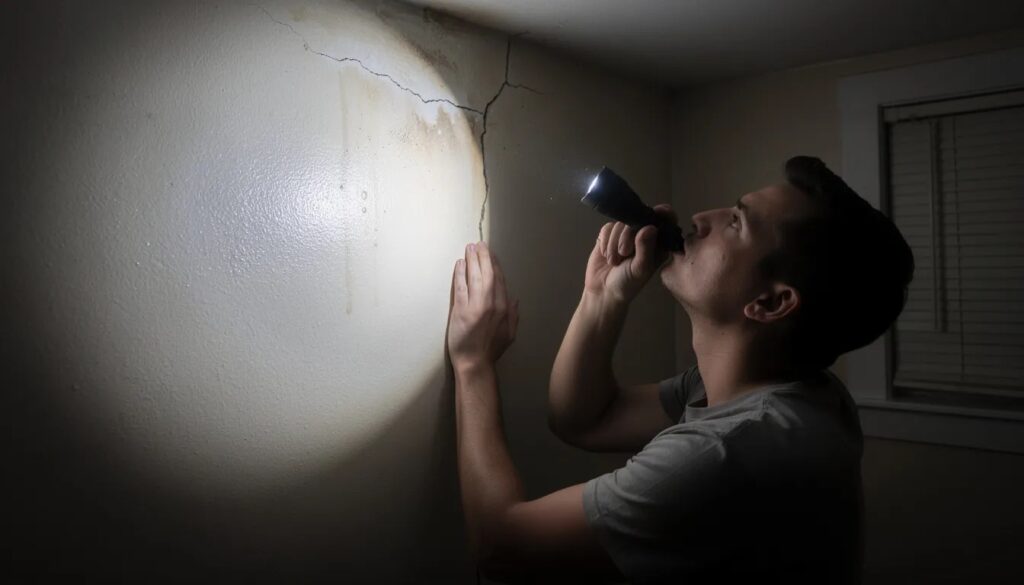 homeowner inspecting cracked wall and water damage for potential hidden moisture or trapped moisture