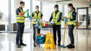Lobby professional cleaners wearing masks