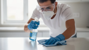 sanitization expert using disinfectant to sanitize