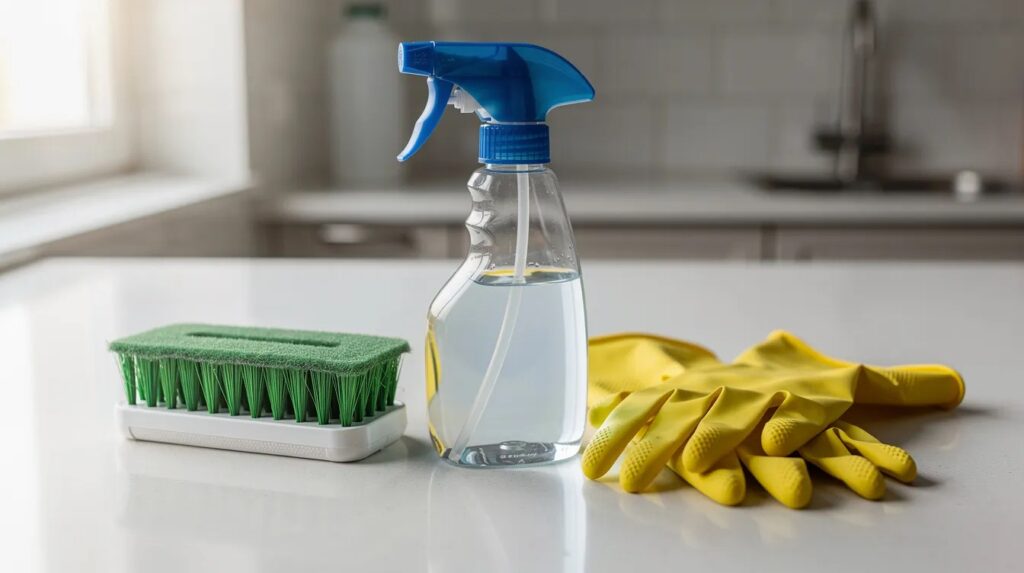sanitization gloves and brush on counter surface