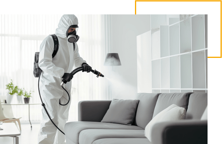 worker in a protective suit sprays in a living room with fogging equipment