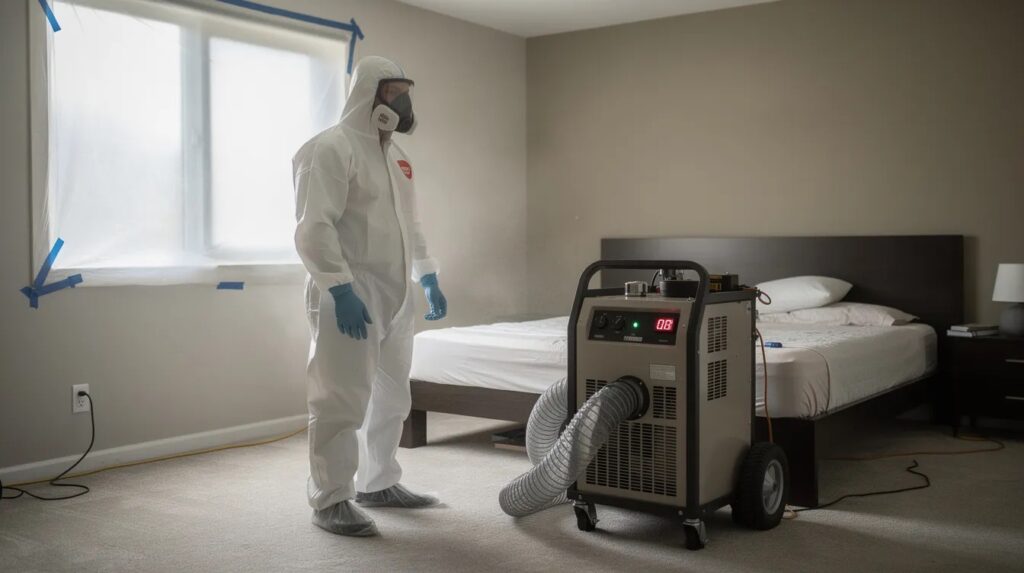 industrial dehumidifiers in clean bedroom near remediation technician in biohazard suit, protective gear