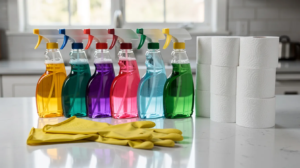 sanitization gloves and cleaning supplies including disinfectant