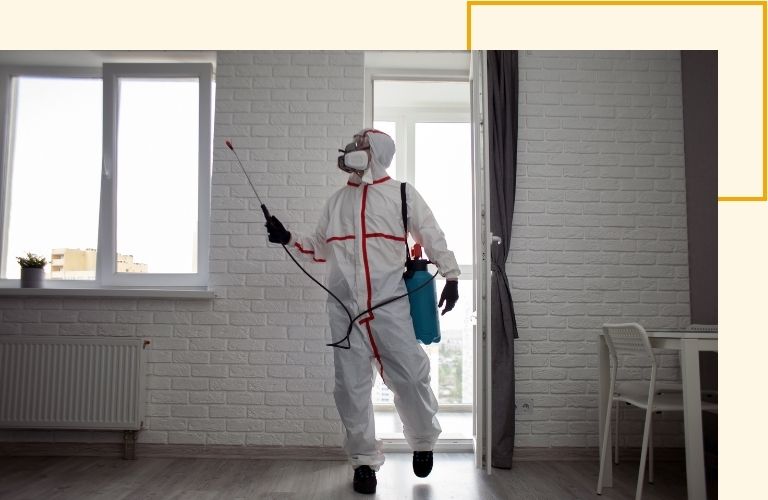 worker in a protective suit sprays in a living room with fogging equipment