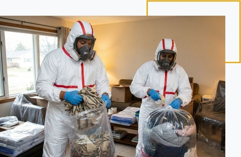 Two preparation technicians safely sealing household fabrics into heavy-duty plastic bags to prevent bed bug spread.