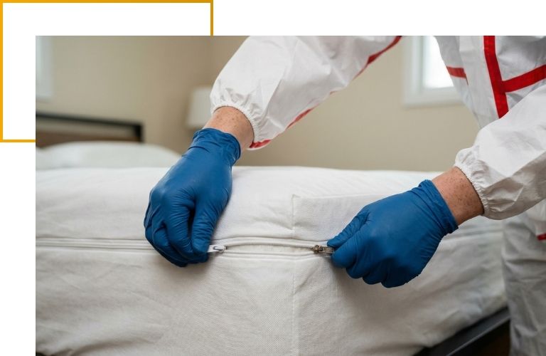 Close-up of a technician's gloved hands securing the zipper on a specialized bed bug mattress encasement.