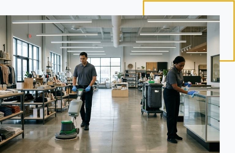 Two professional cleaners maintaining a commercial retail space by buffing floors and sanitizing glass displays.