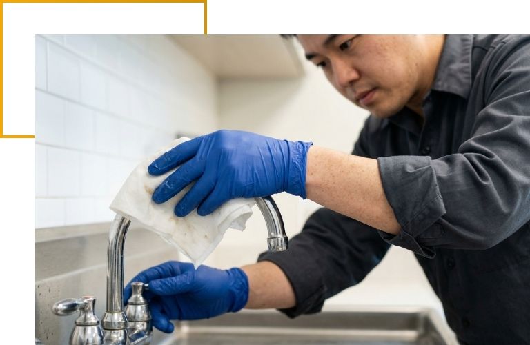 Close-up of a commercial cleaning technician's gloved hands sanitizing a high-touch stainless steel sink in a breakroom.