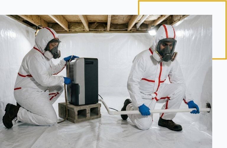 Two certified technicians installing a commercial dehumidifier in a fully encapsulated residential crawl space.