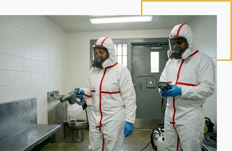 Two certified remediation specialists safely decontaminating an institutional room exposed to dangerous drug residue.