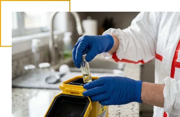 Close-up of a technician's gloved hands safely securing a chemical testing vial into a hazardous waste container.