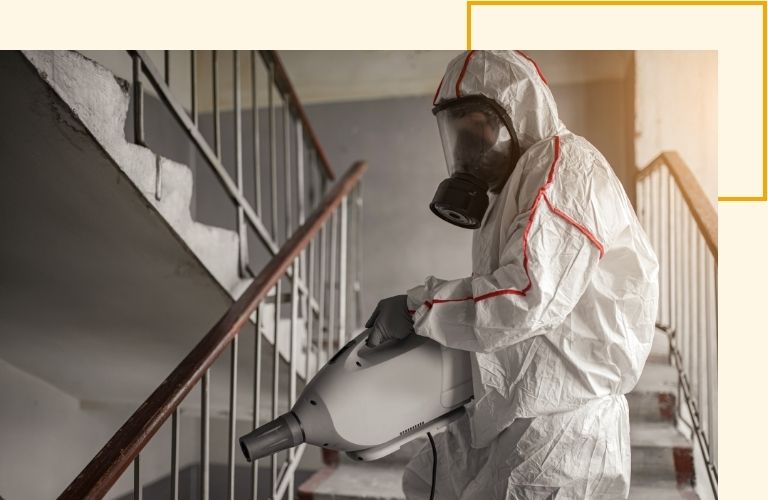 working spraying a stairwell, fogging equipment