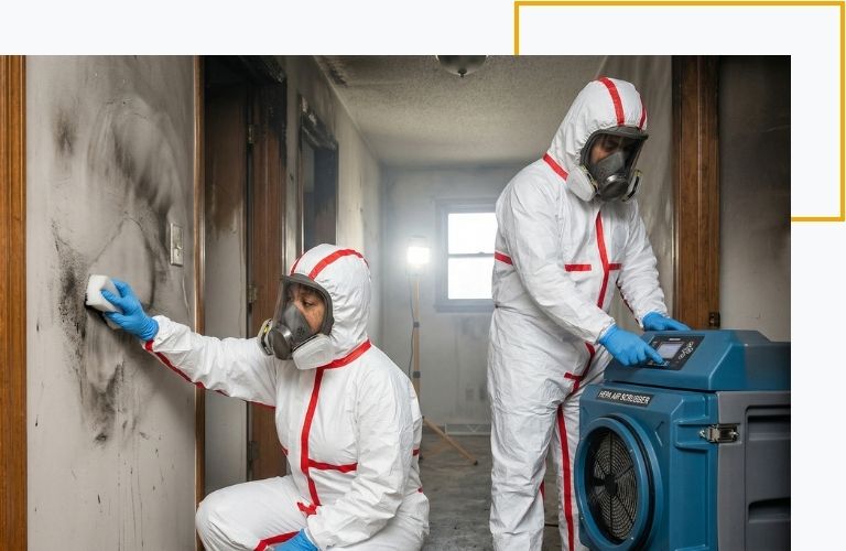 Two certified technicians actively removing toxic soot from walls and operating an industrial air scrubber after a house fire.