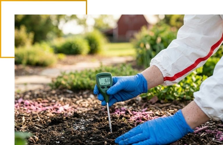 Close-up of a technician's gloved hands using a digital soil meter to verify fire retardant chemicals have been neutralized.