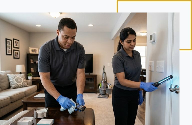 Two sanitization experts thoroughly cleaning high-touch living room surfaces like remote controls and light switches.