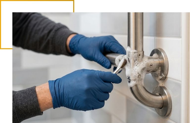 Close-up of a technician's gloved hands applying professional foaming disinfectant to a bathroom accessibility grab bar.