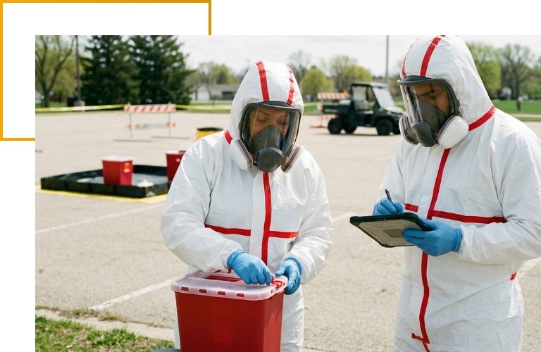 Two certified technicians utilizing proper biohazard containers to safely secure sharps and hazardous waste at an outdoor site.
