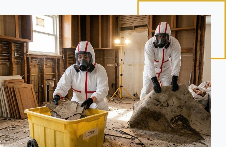 Two certified demolition technicians safely removing damaged flooring and structural debris from a gutted kitchen.