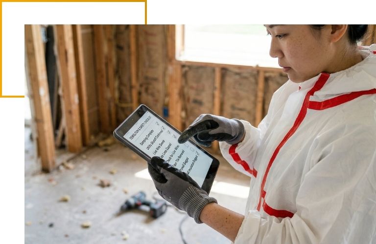 Close-up of a technician's gloved hands using a digital tablet to review an interior demolition safety checklist.
