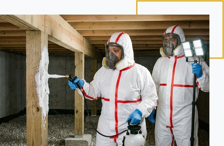 Two certified technicians applying professional-grade disinfectant to wooden beams to neutralize hazardous animal waste.