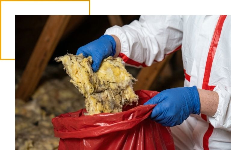 Close-up of a technician's gloved hands safely removing contaminated insulation into a secure biohazard disposal bag.
