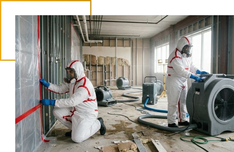 Two certified mitigation technicians setting up commercial air movers and containment barriers to dry a water-damaged office.
