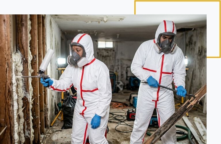 Two certified restoration technicians applying antimicrobial treatments and removing damaged baseboards in a flooded basement.