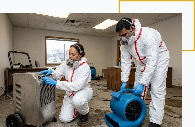 Two certified technicians setting up industrial dehumidifiers and air movers to dry a water-damaged commercial office.