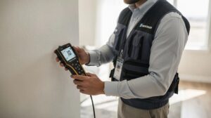 water restoration technician holding thermo-hygrometer for mold testing