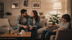 empathizing, relieved, compassionate, reassuring expression, clean home lifestyle