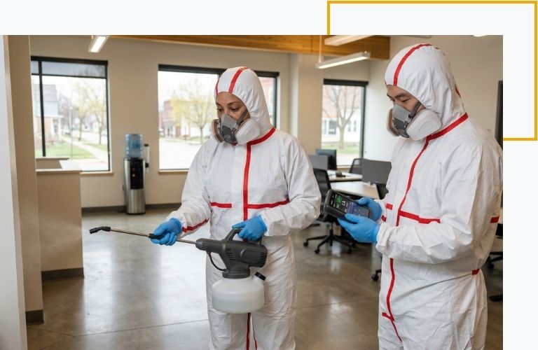 Two biohazard remediation specialists in white protective gear sanitizing a bright, clean commercial office space using advanced fogging equipment.