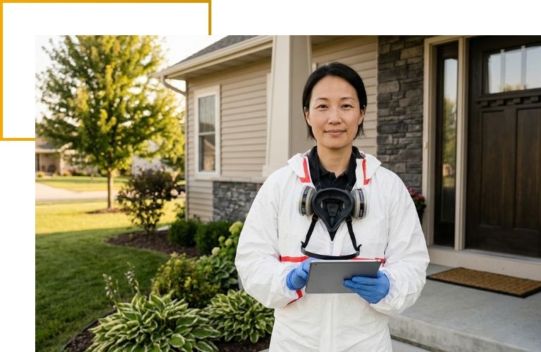 A compassionate forensic cleanup technician standing at a residential doorway with her respirator down, offering a reassuring expression after completing a job.