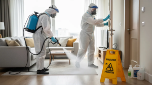 biohazard suit, protective gear, protective suit, biohazard technician, hazmat suit, respirator, biohazard remediation technician sanitizing while using fogging equipment