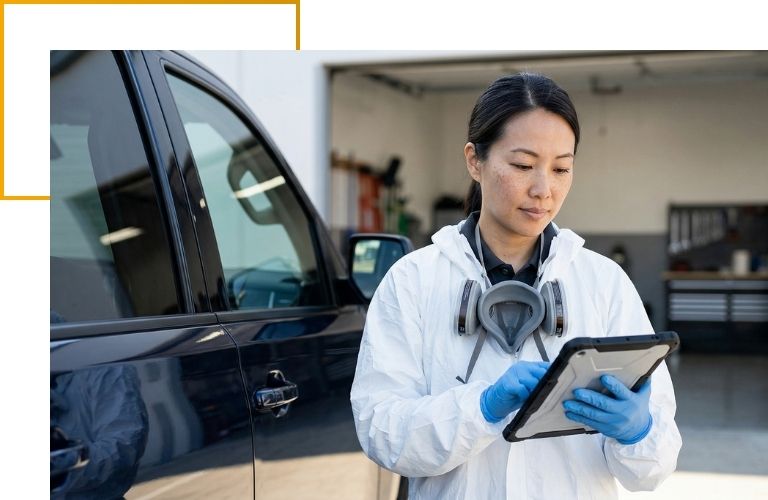 A vehicle decontamination expert reviewing safety compliance documentation on a tablet next to a restored fleet vehicle.