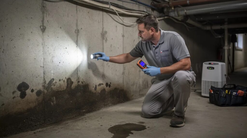 water restoration technician in basement with digital moisture meter