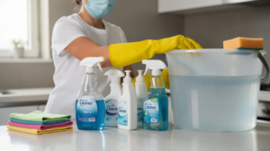 sanitization expert wearing masks gloves and cleaning supplies including disinfectant