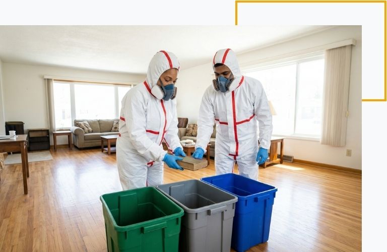 Two hoarding cleanup specialists in protective suits methodically organizing and sorting salvaged household items into heavy-duty bins.
