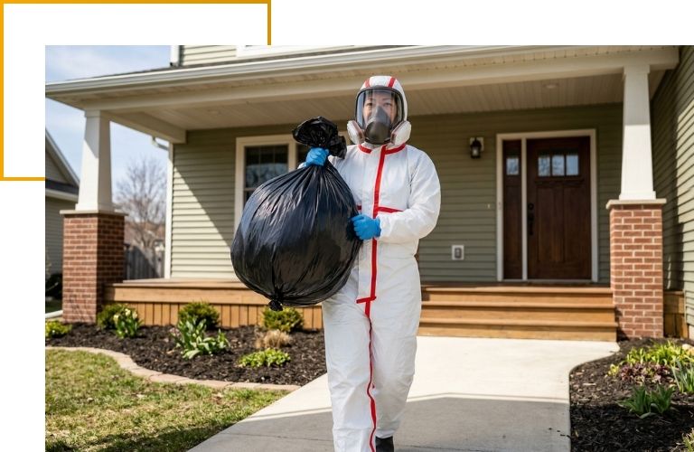 A biohazard technician in a white hazmat suit and respirator safely carrying a heavy-duty bag of debris away from a home.