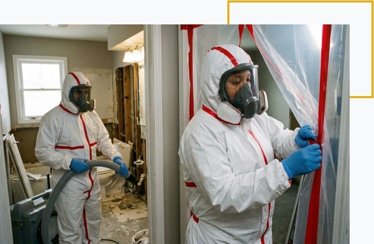 Two certified technicians setting up a plastic containment barrier to isolate a mold-infested bathroom during remediation.