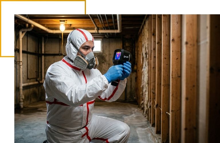A mold remediation technician using a thermal imaging camera to detect hidden moisture behind a basement wall.