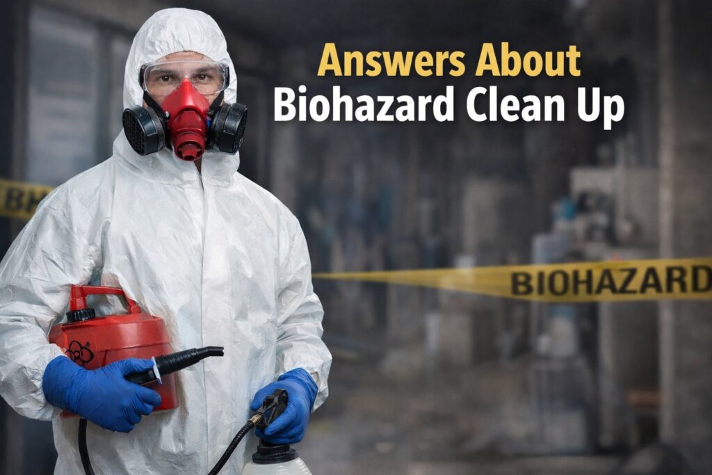 Biohazard cleanup biohazard suit, protective gear, protective suit, biohazard technician, hazmat suit, respirator, biohazard remediation technician, biohazard remediation specialists, decontamination technician, certified technicians, professional technician