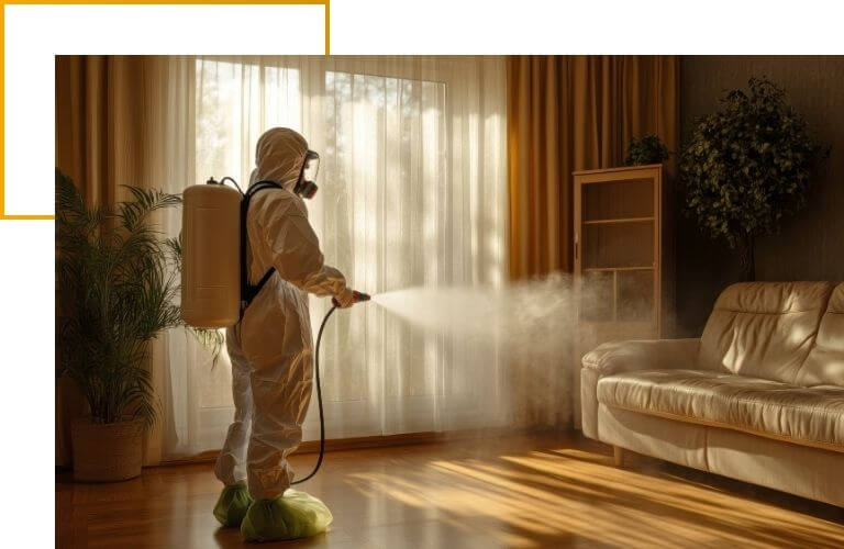 worker in biohazard suit fogging a living space