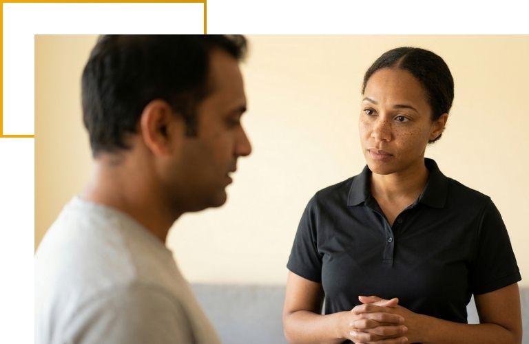 worker empathizing with a male