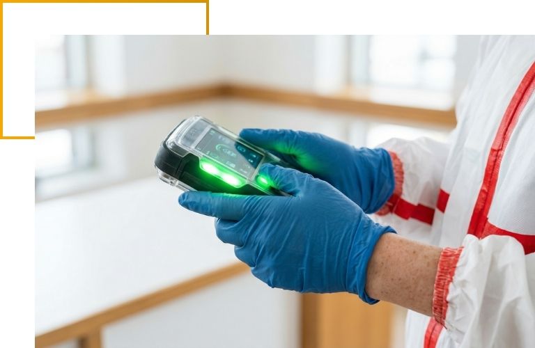 Close-up of a technician's gloved hands holding an air quality testing device with a green light indicating a safe, breathable environment.