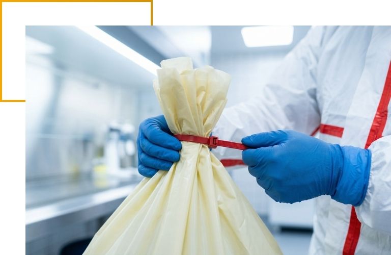 Close up of a biohazard technician's gloved hands securely sealing a hazardous materials disposal bag.