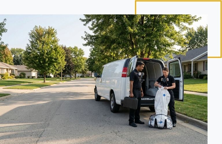 Two forensic response technicians stand quietly at the back doors of the van.