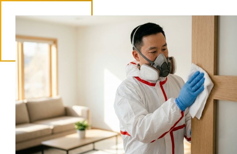 forensic restoration technician is carefully wiping down a sleek wooden doorframe using a medical-grade sanitation cloth