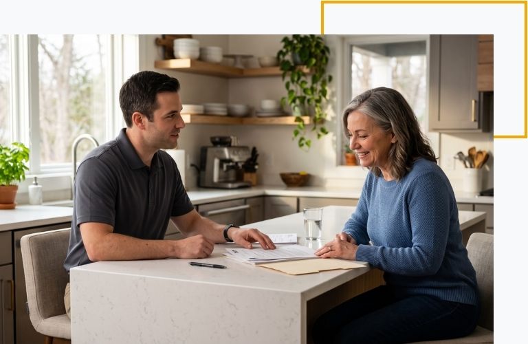 A helpful T.A.C.T. representative assisting a homeowner with insurance paperwork at a kitchen table.