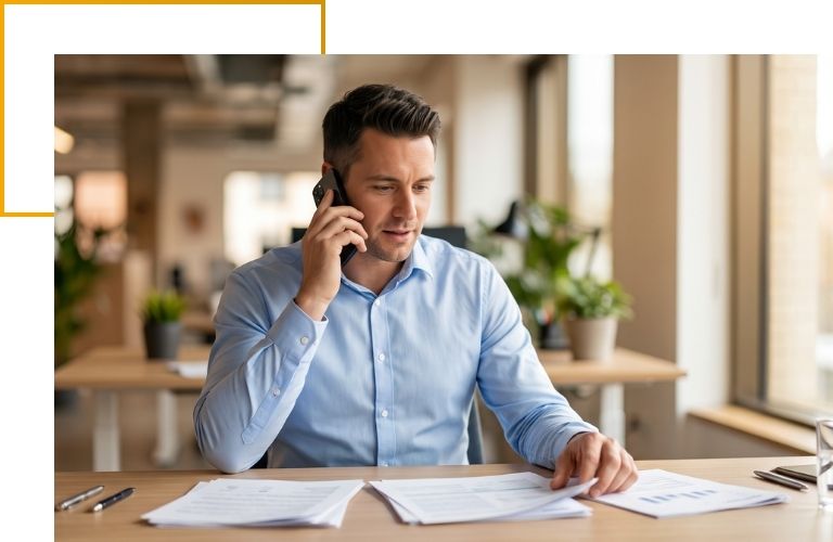 A dedicated professional speaking on the phone while reviewing insurance documents at a desk.